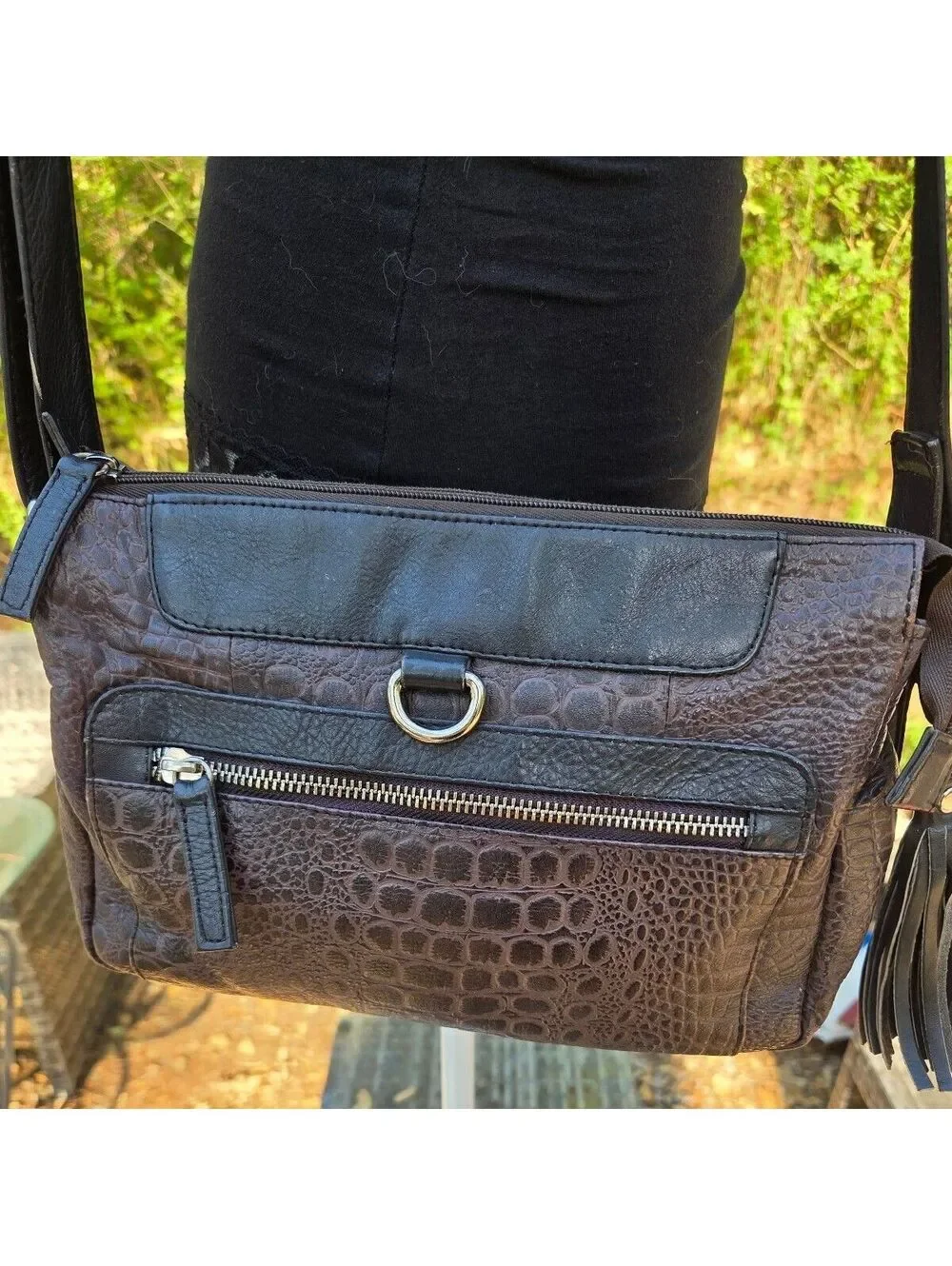 Vintage Great American Leather Works Brown Leather Crossbody Bag Croc Embossed